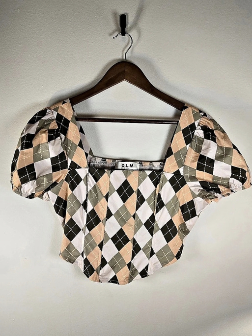 O.L.M. Argyle Plaid Corset Style Crop Top Puff Sleeve Medium